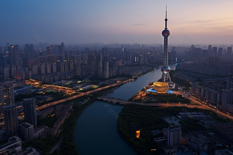 傍晚河流穿过现代都市美景实拍,高清,摄影图,摄影图片,图片大全,摄影图免费下载